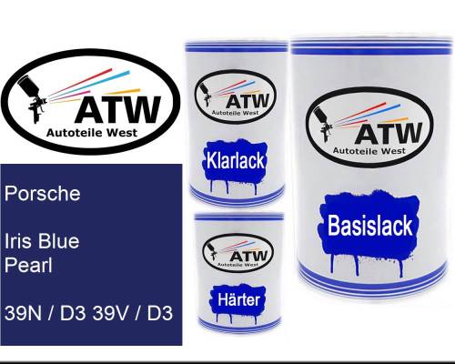 Porsche, Iris Blue Pearl, 39N / D3 39V / D3: 500ml Lackdose + 500ml Klarlack + 250ml Härter - Set, von ATW Autoteile West.